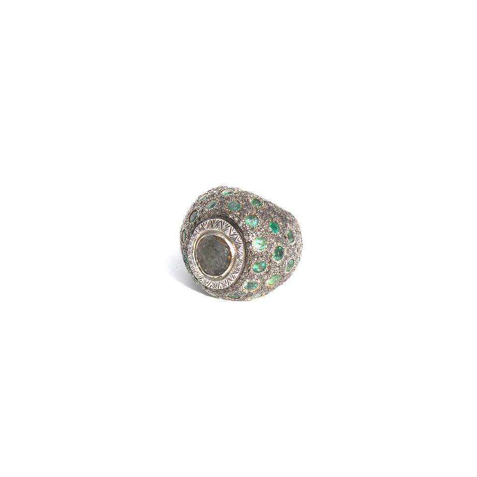 Diamond and Emerald Silver Ring