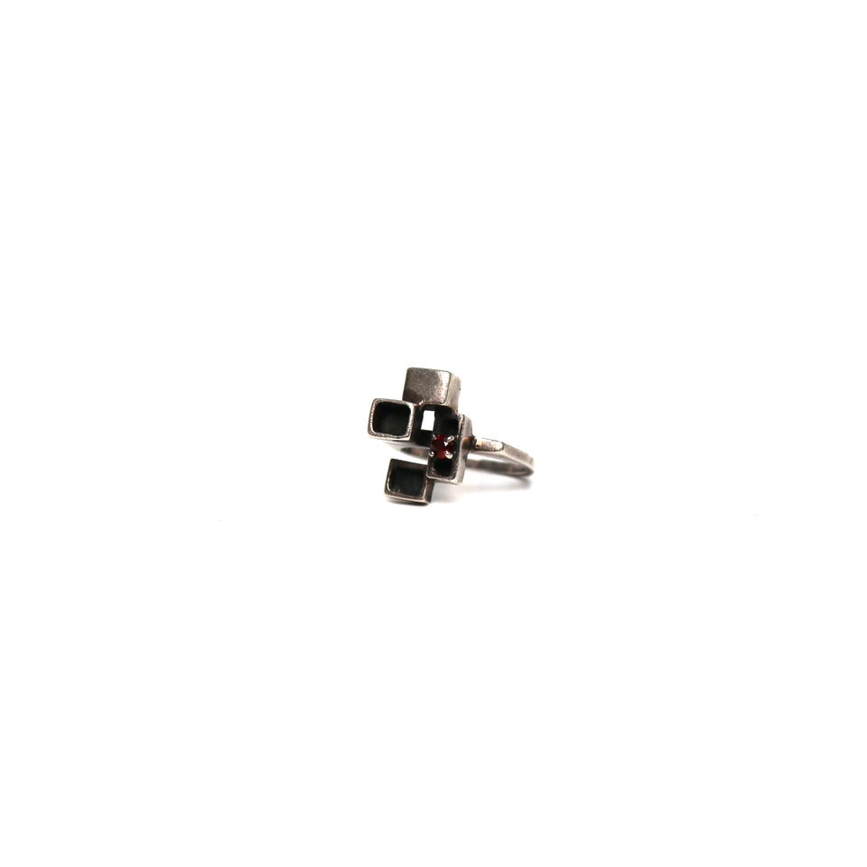 Abstract Silver Ring with Onyx and Garnet Accents